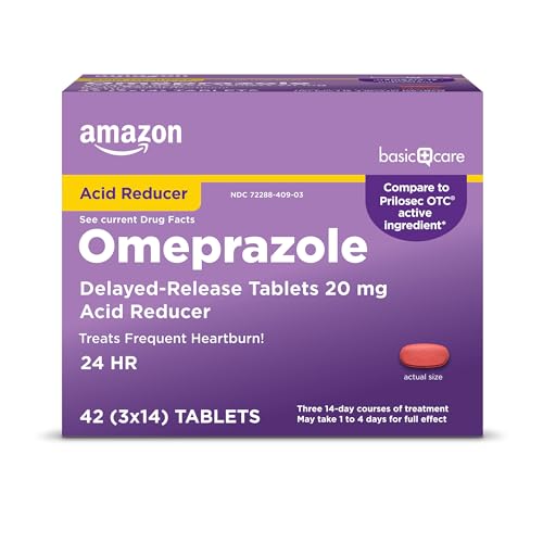 Amazon Basic Care Omeprazole Delayed Release Tablets 20 mg, Treats Frequent Heartburn, Acid Reducer, Heartburn Medicine,